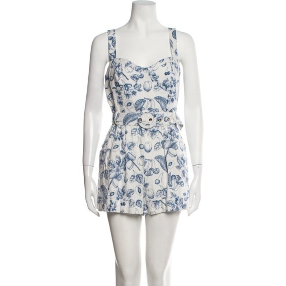 Christian LaCroix Floral Fruit Print Blue and White Belted Romper